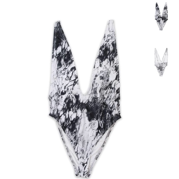 Black & White Marble Low V-Neck One Piece - Picture 3 of 5